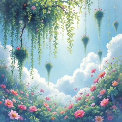 The primary subject of the image is a beautiful garden scene with a variety of flowers and plants. The setting is a lush, colorful environment with a blue sky in the background. The visual style is a combination of digital art and illustration, creating a vibrant and detailed scene. The colors and mood are predominantly warm and inviting, with the flowers and plants adding a sense of life and natural beauty to the image.